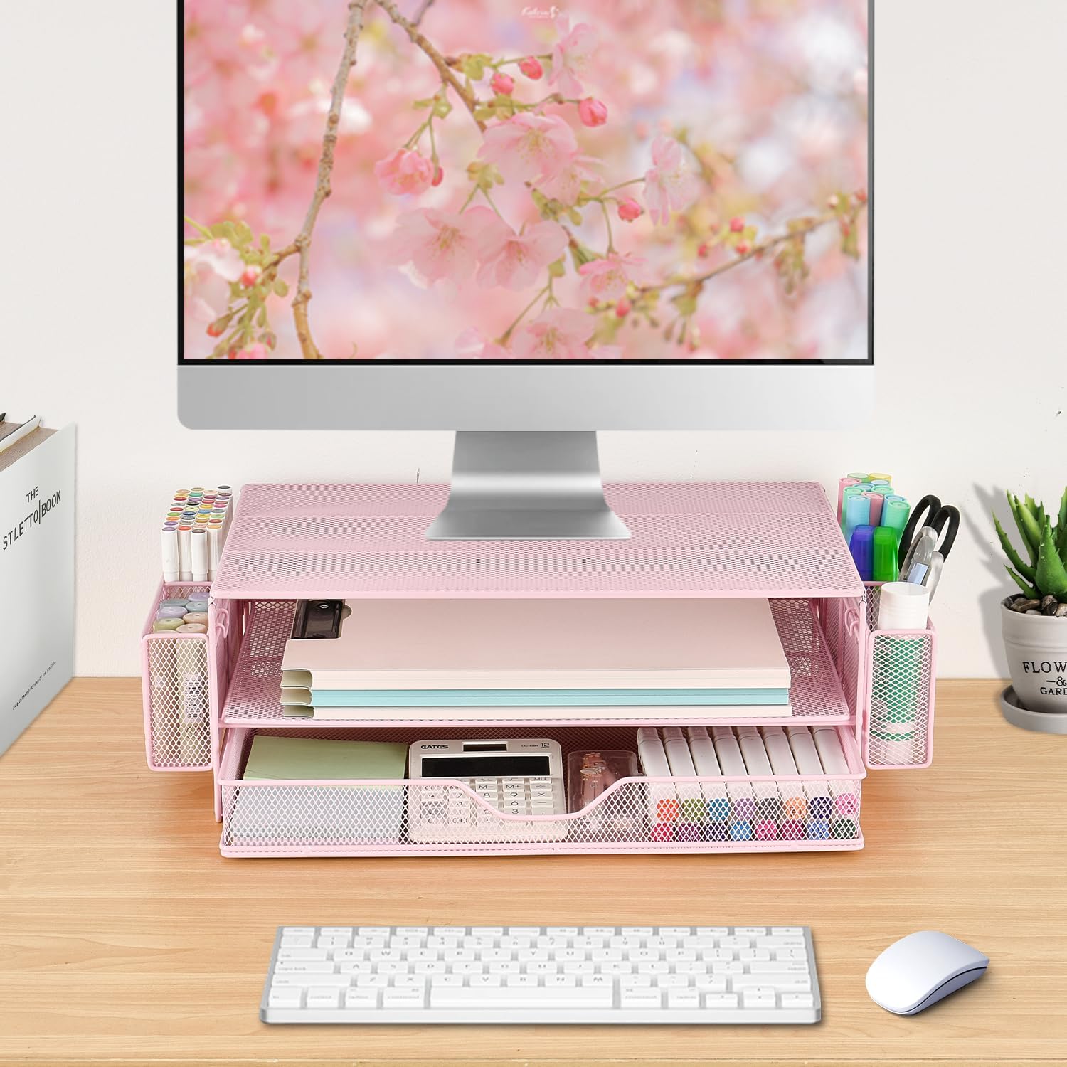 AUPSEN Computer Monitor Stands Riser,2-Tier Desk Organizers and Accessories, Office Desk Accessories Organizer with Drawers and 2 Pen Holder for Office Supplies (Pink)