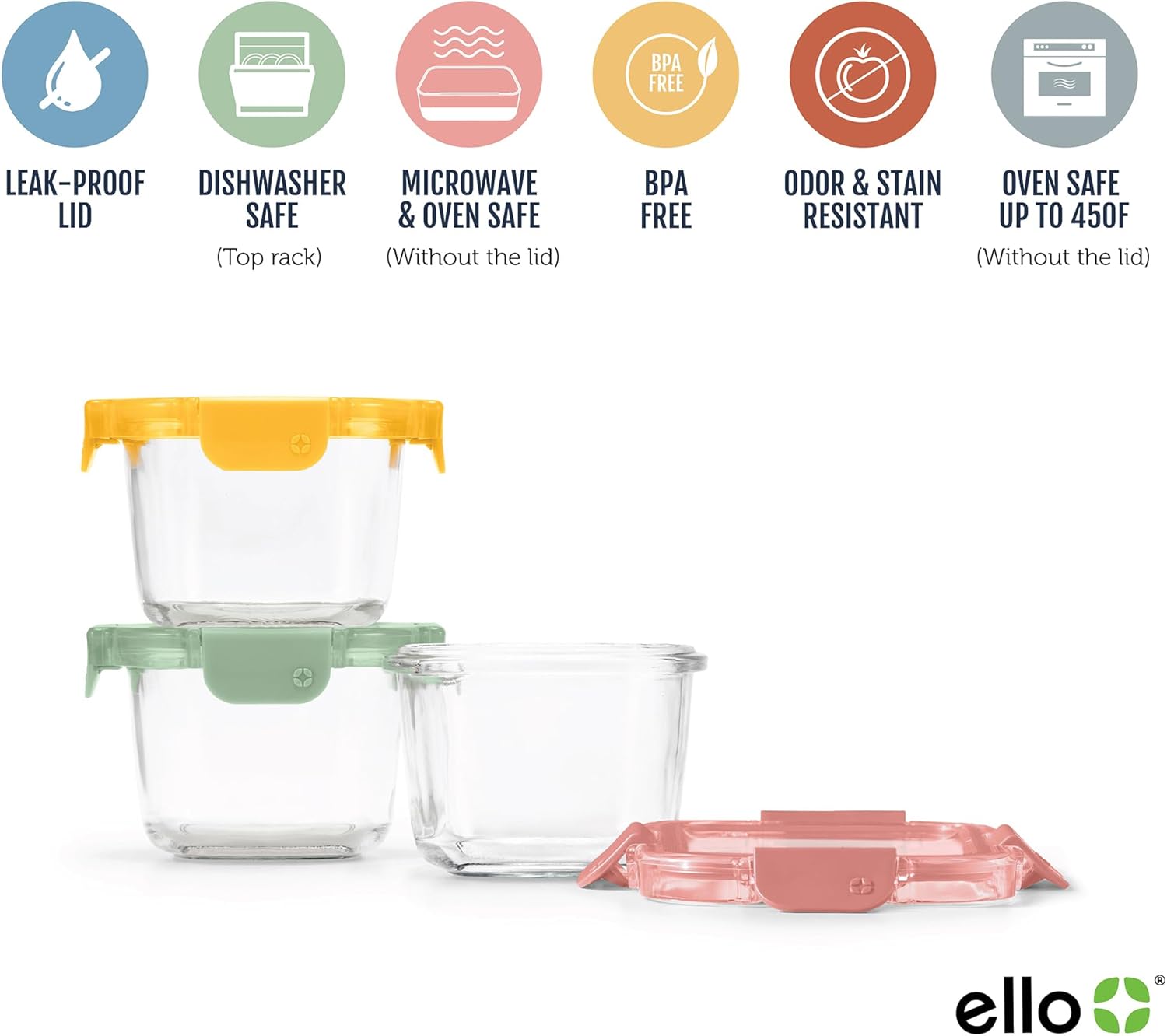 Ello Color Lock 2 Cup 6PC, 3 Pack Glass Meal Prep Sets Leak-Proof Glass Food Storage Containers with Airtight BPA-Free Plastic Lids, Dishwasher, Microwave, and Freezer Safe, Desert