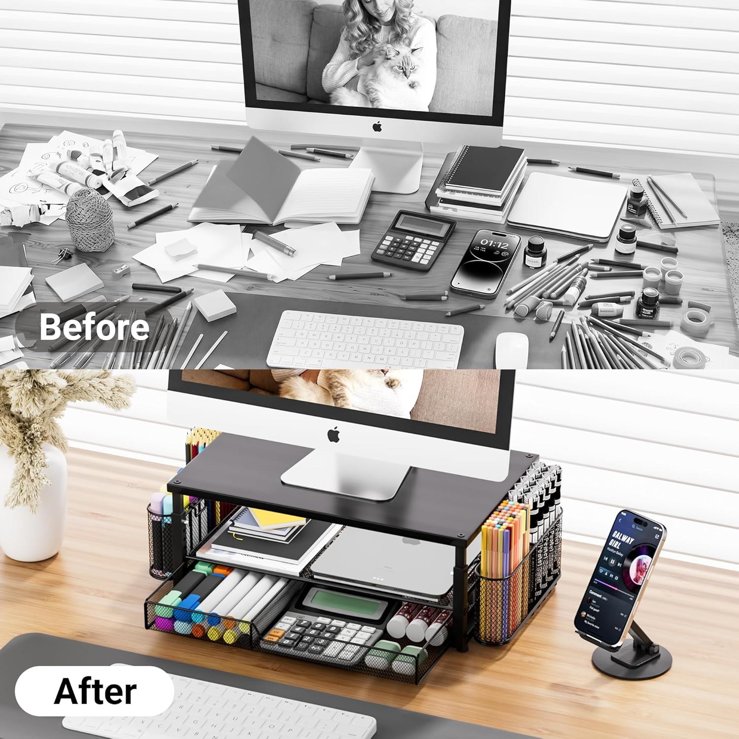 Desk Organizer and Accessories with Cellphone Holder, Height Adjustable 2-Tier Computer Monitor Stand Riser with Drawer and 2 Pen Holders,Office Desk Accessories for Office Supplie