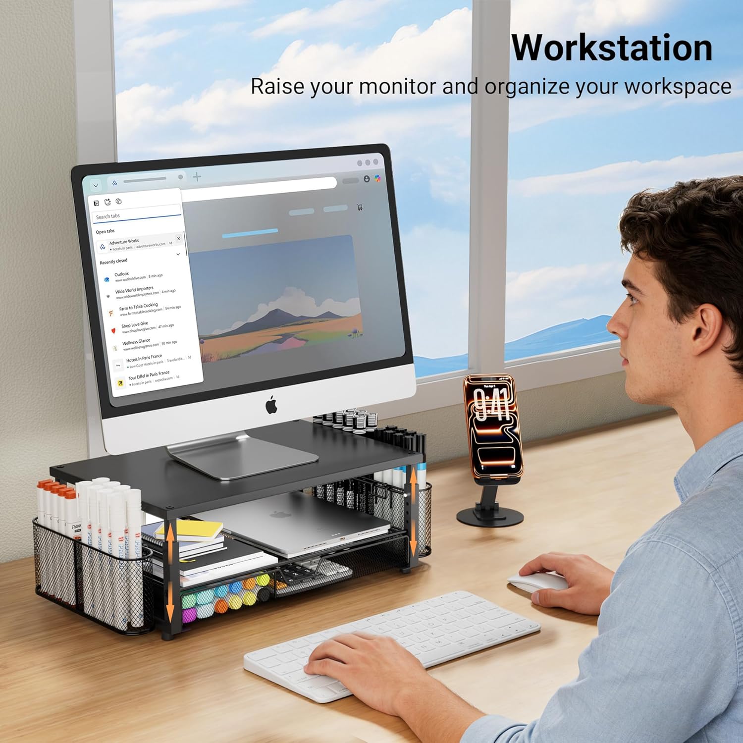 Desk Organizer and Accessories with Cellphone Holder, Height Adjustable 2-Tier Computer Monitor Stand Riser with Drawer and 2 Pen Holders,Office Desk Accessories for Office Supplie