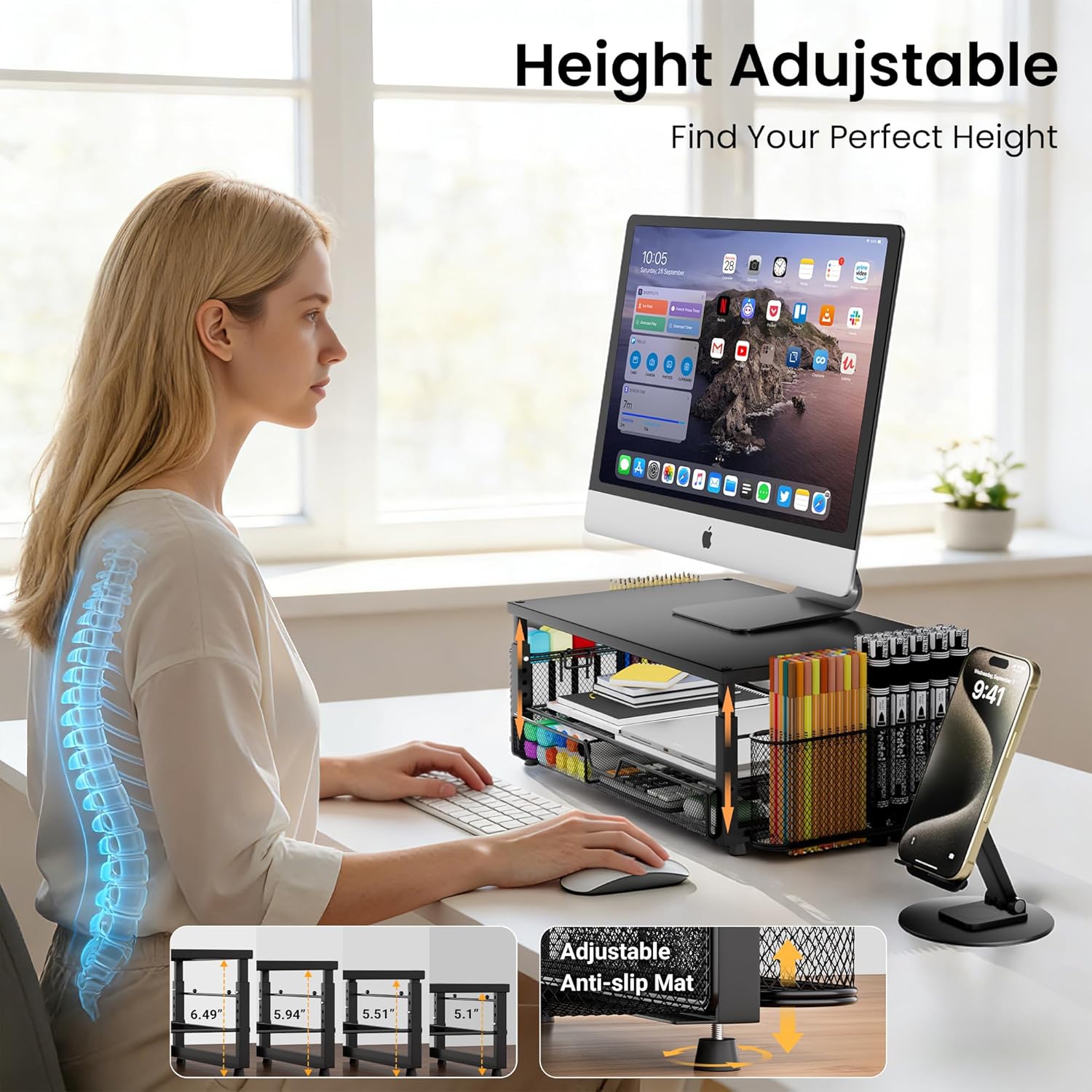 Desk Organizer and Accessories with Cellphone Holder, Height Adjustable 2-Tier Computer Monitor Stand Riser with Drawer and 2 Pen Holders,Office Desk Accessories for Office Supplie