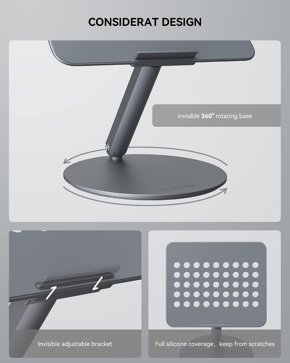 LULULOOK Laptop Stand, Foldable Laptop Stand with 360 Rotating Base, 360° Swivel Adjustable Aluminum Ergonomic Computer Stand for Desk Compatible with MacBook Pro/Air, Dell, Laptop