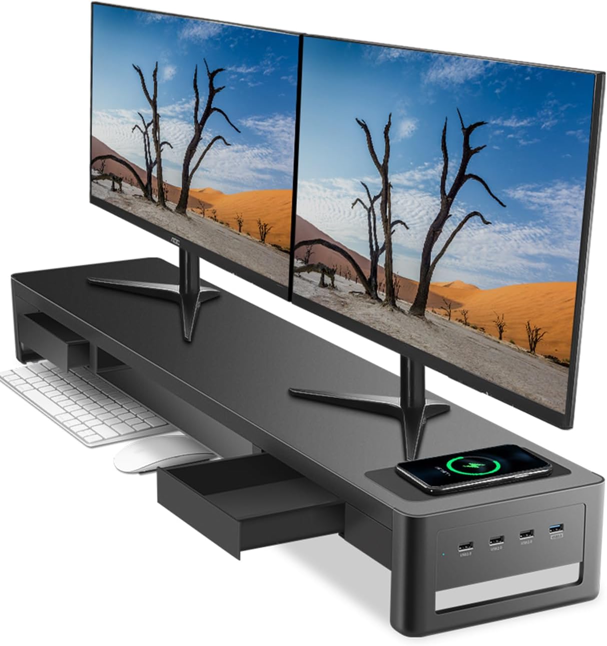meatanty Dual Monitor Stand Riser with 2 Drawers,4 USB Ports and Charging Pad,Metal Monitor Stand for 2 Monitors Supports Transfer Data and Charging,Desk Organizer for PC(38.7 inch