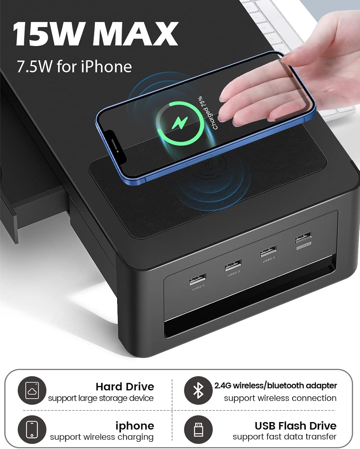 meatanty Dual Monitor Stand Riser with 2 Drawers,4 USB Ports and Charging Pad,Metal Monitor Stand for 2 Monitors Supports Transfer Data and Charging,Desk Organizer for PC(38.7 inch