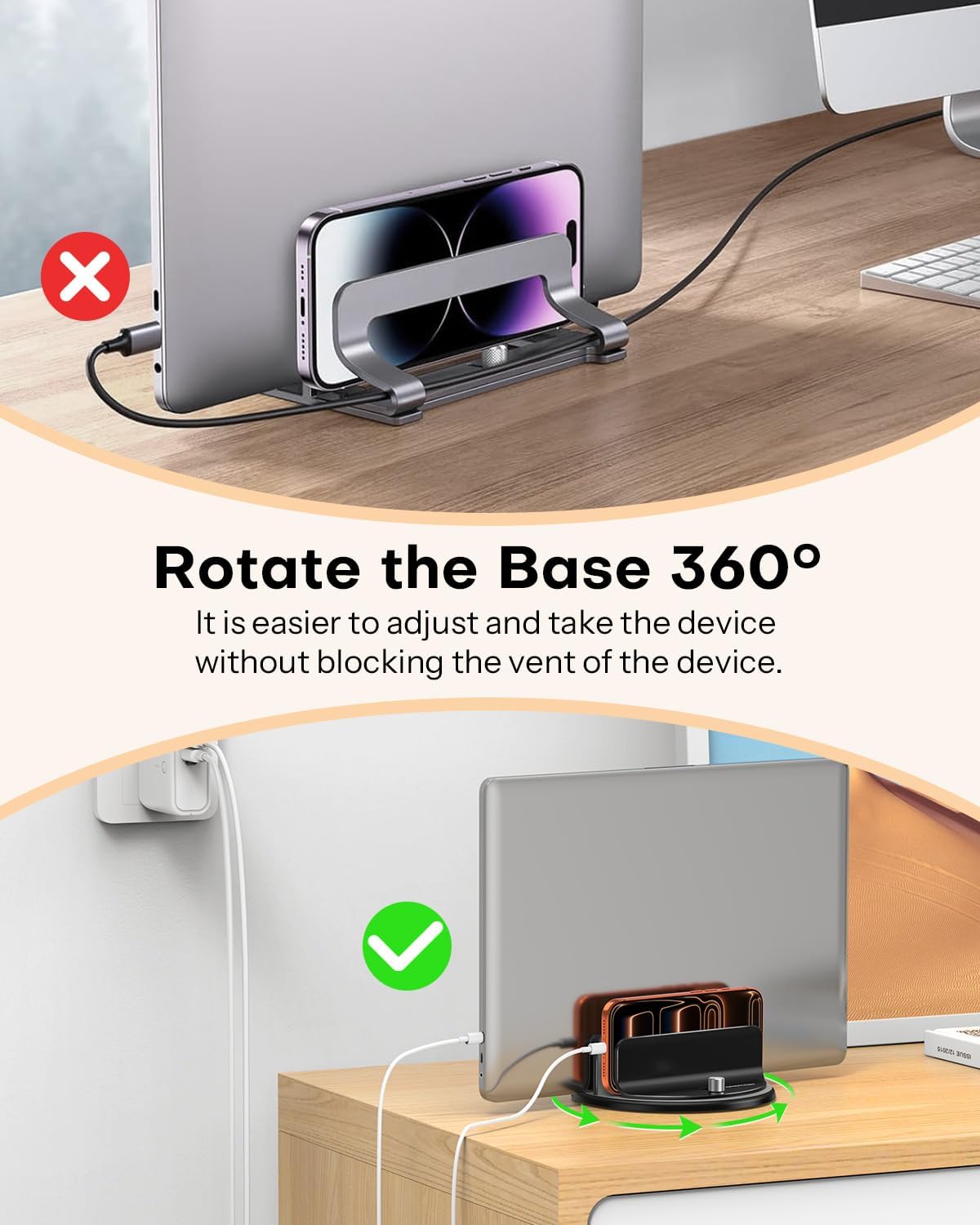 OMOTON 360° Rotating Vertical Laptop Stand Holder, Aluminum Dual-Slot Desk Organizer for MacBook & iPad, Sides Knob Adjustment (No Lost Screws), Holds Laptop, Tablet, Book & Keyboa