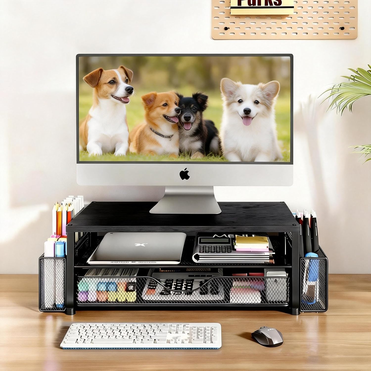 Wood Monitor Stand with Drawer & 2 Pen Holders | 2-Tier Desktop Monitor Riser & Desk Organizer for Computer, Laptop | Desktop Stand for Home Office Accessories (Black)